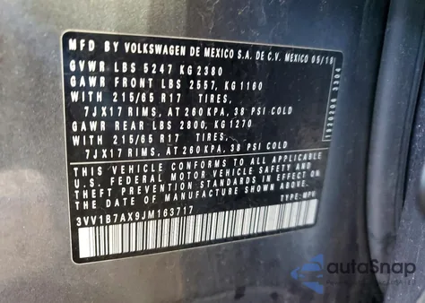 2018 Volkswagen Tiguan S z USA, uszkodzony, nr VIN 3VV1B7AX9JM163717